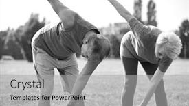  Presentation with flexible - Colorful slide set enhanced with black and white photo of active flexible senior couple stretching leg in park on sunny day backdrop and a light gray colored foreground