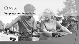  Presentation with bicycles - Beautiful slide set featuring black and white photo of fit senior couple with bicycles looking at each other backdrop and a light gray colored foreground