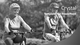  Presentation with bicycle - Slide deck featuring black and white photo of active senior couple riding bicycle in park background and a gray colored foreground