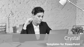  Presentation with white brick wall - Presentation design having black and white photo of young businesswoman sitting with laptop at desk against brick wall in office background and a gray colored foreground