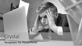  Presentation with overworked - Presentation consisting of black and white photo of overworked mature businessman looking at laptop on desk in office background and a light gray colored foreground
