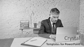  Presentation with overworked - Presentation theme consisting of black and white photo of overworked mature businessman looking at laptop on desk in office background and a light gray colored foreground