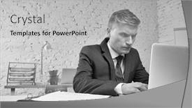  Presentation with overworked - Beautiful presentation theme featuring black and white photo of overworked mature businessman looking at laptop on desk in office backdrop and a light gray colored foreground