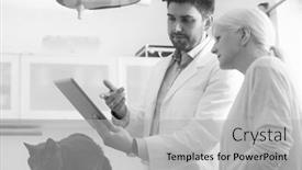  Presentation with russian - Audience pleasing presentation design consisting of black and white photo of confident doctor explaining medical results of russian blue cat to owner at clinic backdrop and a light gray colored foreground
