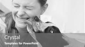  Presentation with veterinary - Beautiful presentation theme featuring black and white photo of dog licking smiling young veterinary doctor at clinic backdrop and a gray colored foreground