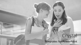  Presentation with black female - Audience pleasing slide deck consisting of black and white photo of young female student showing mobile phone to her classmate backdrop and a light gray colored foreground