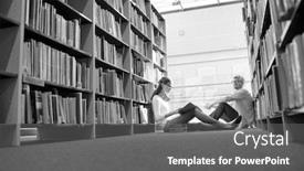  Presentation with black students - Cool new presentation theme with black and white photo of students reading book while sitting against bookshelf at library backdrop and a gray colored foreground