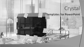  Presentation with messy - Slides enhanced with black and white photo of messy computer desk of young professional at office background and a light gray colored foreground