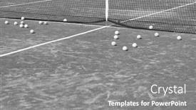 Presentation with tennis - Slide deck featuring black and white photo of tennis balls on the floor at red court background and a gray colored foreground