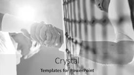  Presentation with athletes - Slide deck featuring black and white photo of senior tennis athletes shaking hands in court background and a light gray colored foreground