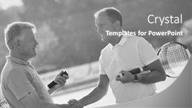  Presentation with black men - Colorful PPT layouts enhanced with black and white photo of men shaking hands while standing at tennis court against clear sky backdrop and a gray colored foreground