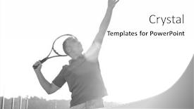  Presentation with court - PPT layouts enhanced with black and white photo of senior athlete hitting ball with tennis racket in court background and a white colored foreground