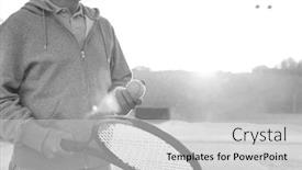  Presentation with black man - PPT theme featuring black and white photo of man holding tenis racket and ball at court on sunny day background and a light gray colored foreground