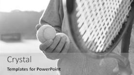  Presentation with oil rig in white and black - Cool new PPT layouts with black and white photo of man holding tenis racket and ball at court on sunny day backdrop and a light gray colored foreground