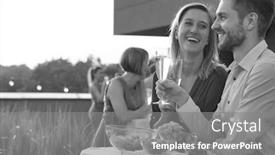  Presentation with black business - Beautiful slide set featuring black and white photo of smiling business colleagues standing at table during rooftop party backdrop and a gray colored foreground