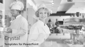  Presentation with pastries - Presentation design enhanced with black and white photo of mature chef standing in pastries background and a light gray colored foreground