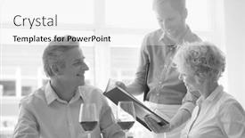  Presentation with restaurant menu - Audience pleasing presentation design consisting of black and white photo of young waiter showing menu to mature couple at restaurant backdrop and a white colored foreground