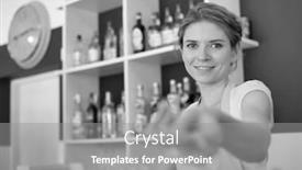  Presentation with change - Cool new PPT theme with black and white photo of smiling young waitress giving customer change while standing at counter in restaurant backdrop and a gray colored foreground
