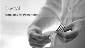  Presentation with restaurant waiter - Presentation theme consisting of black and white photo of young waiter cleaning fork in restaurant background and a light gray colored foreground