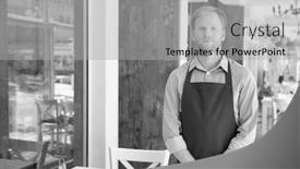  Presentation with restaurant waiter - PPT theme consisting of black and white photo of confident young waiter standing at restaurant background and a light gray colored foreground