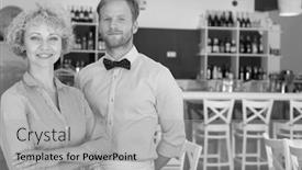  Presentation with restaurant waiter - Amazing PPT theme having black and white photo of smiling owner and waiter standing against furniture at restaurant backdrop and a light gray colored foreground