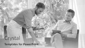  Presentation with restaurant waiter - Audience pleasing PPT theme consisting of black and white photo of young waiter serving coffee and food while mature customer using digital tablet at restaurant backdrop and a light gray colored foreground