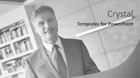  Presentation with salesman - Amazing PPT theme having black and white photo of confident salesman standing in apartment backdrop and a light gray colored foreground
