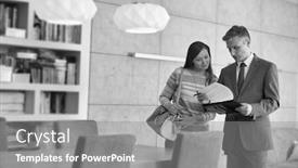  Presentation with salesman - Slide deck with black and white photo of salesman showing contract to client in apartment background and a gray colored foreground