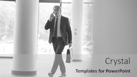  Presentation with lobby - Amazing presentation design having black and white photo of mature businessman walking while talking on smart phone in the lobby backdrop and a light gray colored foreground