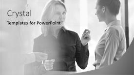  Presentation with planning - Colorful presentation design enhanced with black and white photo of businesswomen planning strategy during meeting against window at office backdrop and a light gray colored foreground