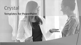  Presentation with planning - Slide deck featuring black and white photo of businesswomen planning strategy during meeting against window at office background and a light gray colored foreground