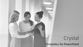  Presentation with black people - PPT theme featuring black and white photo of busines people discussing over document in office hall background and a light gray colored foreground