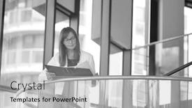 Presentation with film black and white - Theme enhanced with black and white photo of businesswoman reading file background and a light gray colored foreground