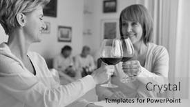  Presentation with black women - Slide deck featuring black and white photo of smiling women holding drinks while sitting at dining table background and a light gray colored foreground