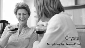  Presentation with black women - Audience pleasing slide deck consisting of black and white photo of mature women drinking wine while sitting in sofa at home backdrop and a light gray colored foreground
