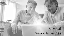  Presentation with old photo - Presentation theme consisting of black and white photo of senior man showing old photos on laptop to a friend at home background and a light gray colored foreground