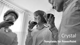 Presentation with toasting - Cool new PPT layouts with black and white photo of mature friends toasting wineglasses at home backdrop and a gray colored foreground