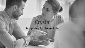  Presentation with meeting table - Slide set enhanced with black and white photo of young colleagues discussing over document at table during meeting in new background and a light gray colored foreground