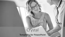  Presentation with new office - Presentation theme featuring black and white photo of young businesswoman using laptop while sitting amidst colleagues at new office background and a light gray colored foreground