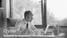  Presentation with writing notes - Amazing PPT theme having black and white photo backdrop and a gray colored foreground