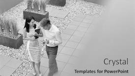  Presentation with people talking - Presentation theme featuring black and white photo of business people talking in office rooftop background and a light gray colored foreground