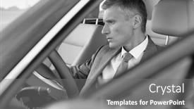  Presentation with executive - Amazing presentation design having black and white photo of mature executive starting the car backdrop and a gray colored foreground