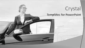  Presentation with car door - Theme having black and white photo of young businesswoman standing by open door of car against sky background and a white colored foreground
