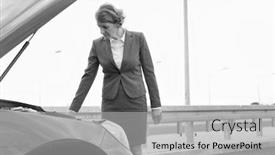  Presentation with black road - Cool new presentation theme with black and white photo of mature businesswoman looking at breakdown car on road backdrop and a light gray colored foreground