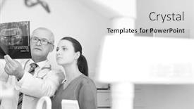  Presentation with black nurse - Presentation design enhanced with black and white photo of doctor examining medical x-ray with nurse at dental clinic background and a light gray colored foreground