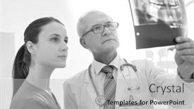  Presentation with black nurse - Slide set with black and white photo of doctor examining medical x-ray with nurse at dental clinic background and a light gray colored foreground