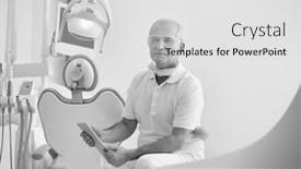  Presentation with black dental - Presentation design consisting of black and white photo of confident doctor reading medical report on digital tablet at dental clinic background and a light gray colored foreground