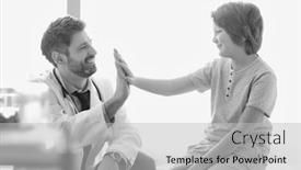  Presentation with black patient - PPT layouts featuring black and white photo of happy patient giving high-five to doctor at hospital background and a light gray colored foreground