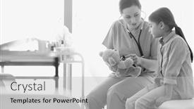  Presentation with black nurse - Cool new slide deck with black and white photo of nurse teaching child patient how to check heartbeat with teddy bear at hospital backdrop and a light gray colored foreground