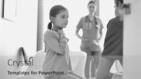  Presentation with black nurse - PPT theme with black and white photo of nurse talking to girl sitting at hospital background and a light gray colored foreground